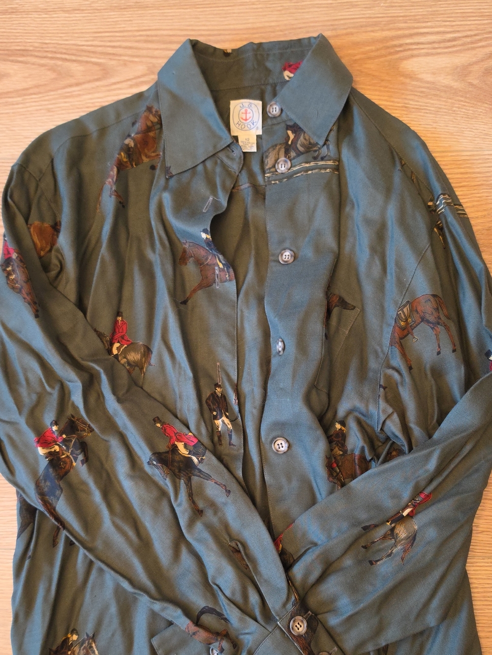 Vintage J.G. Hook Equestrian Fox Hunt Novelty Print Shirt Forest Green